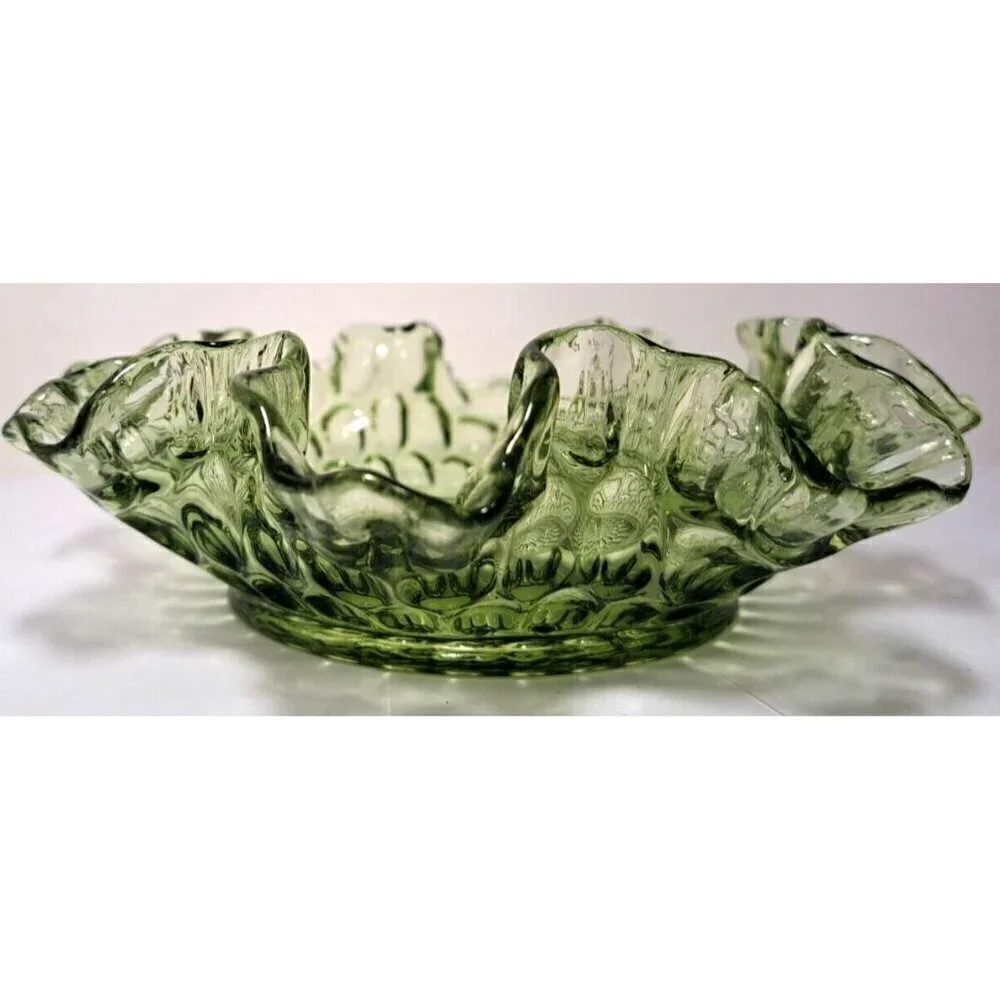 Vintage Fenton Colonial Green Ruffle Edge Thumbprint Pattern Glass Bowl